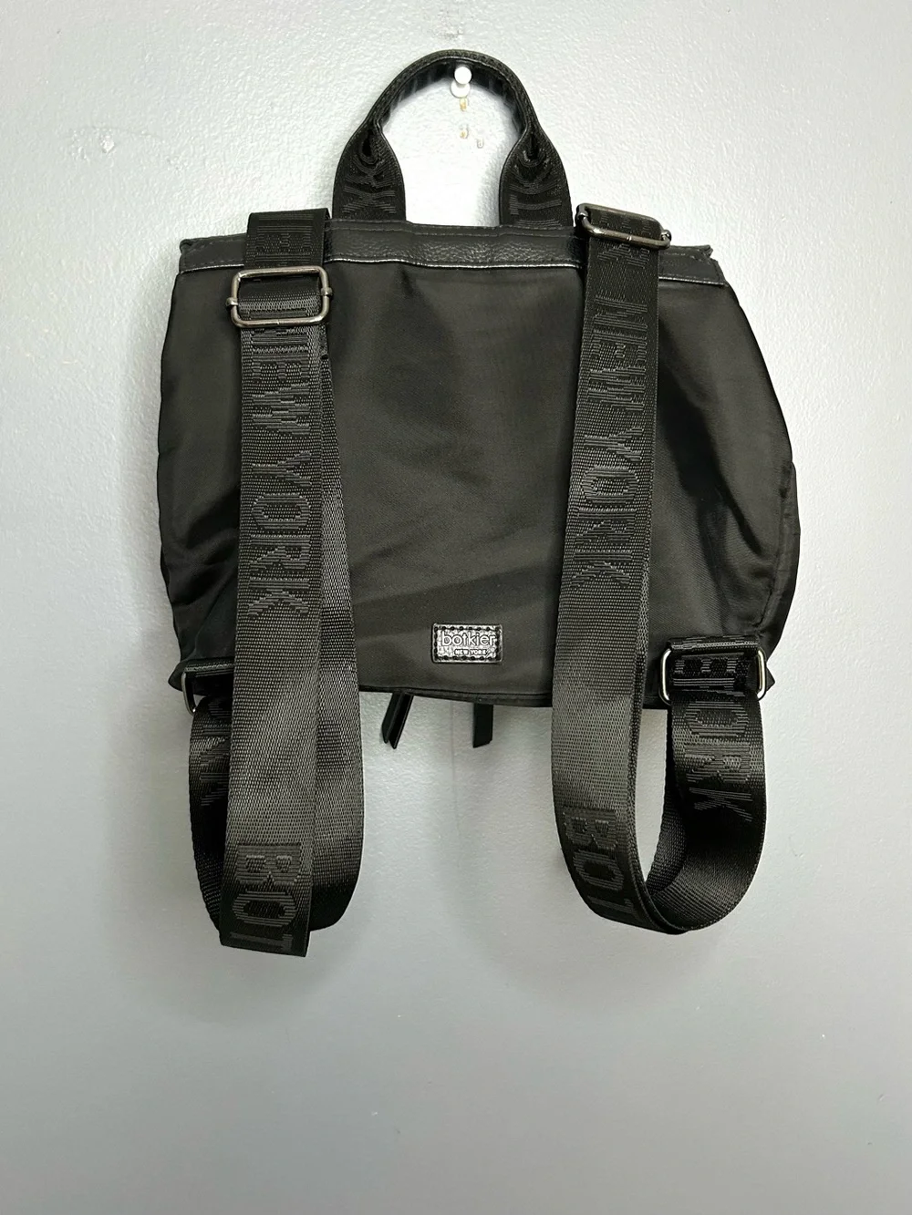 Botkier Backpack Bag Small Medium Black‎ Nylon Faux Leather Logo Straps Cute Y2K